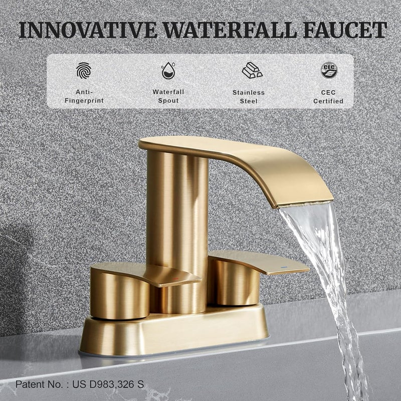 Ultimate Unicorn Bathroom Faucet for Sink Champagne Bronze, 4 Inch Bathroom Faucet for 3 or 2 Holes, 2 Handle Waterfall Faucets with Pop up Drain, Centerset Faucets for RV, Patent No. : US D983,326 S - Image 2